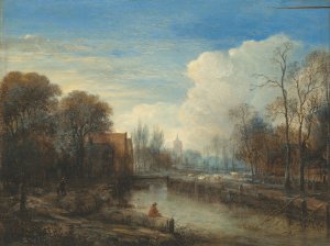 A river landscape, with an angler and sheep on the banks by Aert Van Der Neer Oil Painting