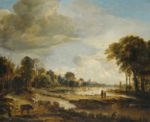 A River Landscape With Figures And Cattle by Aert Van Der Neer Oil Painting