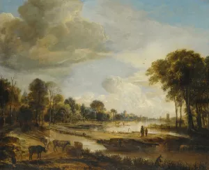 A River Landscape With Figures And Cattle by Aert Van Der Neer Oil Painting