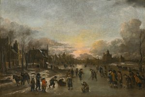 A Winter Landscape At Sunset With Figures Playing Kolf On The Ice by Aert Van Der Neer Oil Painting