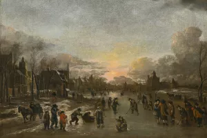 A Winter Landscape At Sunset With Figures Playing Kolf On The Ice by Aert Van Der Neer Oil Painting