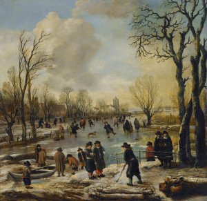 A Winter Landscape With Villagers Skating And Playing Kolf On A Frozen Canal, A Village Beyond by Aert Van Der Neer Oil Painting