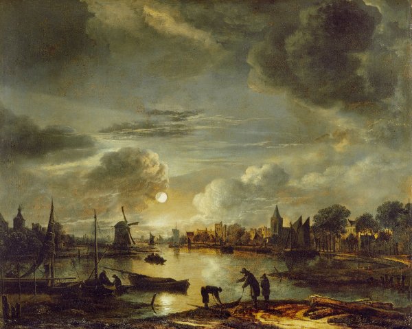 Canal Scene by Moonlight  by Aert Van Der Neer - Hand-Painted Oil Painting Reproduction