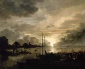 Estuary Landscape by Moonlight by Aert Van Der Neer Oil Painting