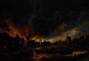 Fire in a village at night by Aert Van Der Neer Oil Painting