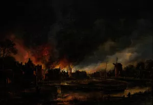 Fire in a village at night by Aert Van Der Neer Oil Painting