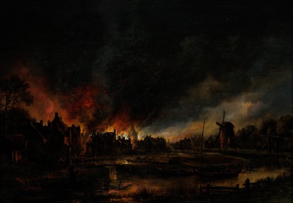 Fire in a village at night  by Aert Van Der Neer - Hand-Painted Oil Painting Reproduction