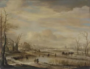 Frozen River with a Footbridge by Aert Van Der Neer Oil Painting