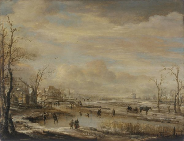 Frozen River with a Footbridge  by Aert Van Der Neer - Hand-Painted Oil Painting Reproduction