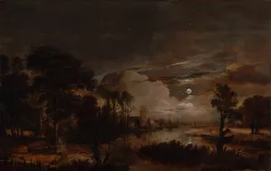 Moonlit Landscape with a View of the New Amstel River and Castle Kostverloren by Aert Van Der Neer Oil Painting