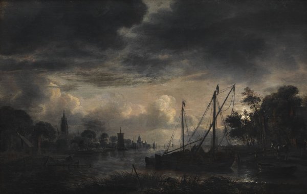 River Landscape in Moonlight  by Aert Van Der Neer - Hand-Painted Oil Painting Reproduction