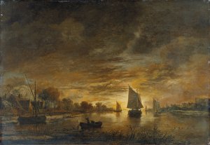 River Landscape with Ships at Moonrise by Aert Van Der Neer Oil Painting