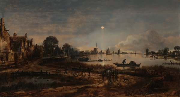 River View by Moonlight  by Aert Van Der Neer - Hand-Painted Oil Painting Reproduction