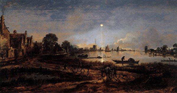 River View by Moonlight by Aert Van Der Neer - Hand-Painted Oil Painting Reproduction