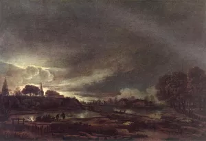 Small Town at Dusk by Aert Van Der Neer - Oil Painting Reproduction