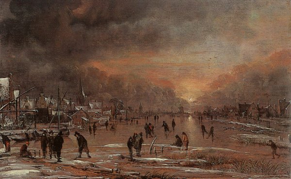 Sports on a Frozen River by Aert Van Der Neer - Hand-Painted Oil Painting Reproduction