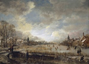 Two Towns on a Frozen River with Golf Players and Ice Skaters by Aert Van Der Neer Oil Painting