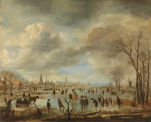 Winter Landscape near a Town with Kolf Players and Horse-Drawn Sleighs by Aert Van Der Neer Oil Painting