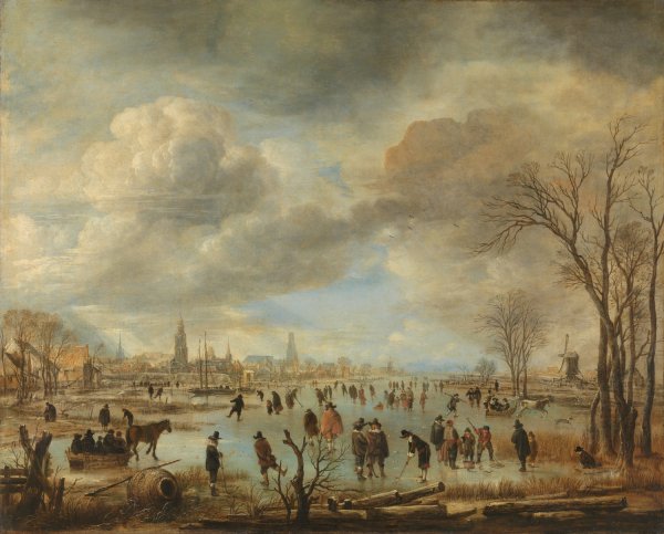 Winter Landscape near a Town with Kolf Players and Horse-Drawn Sleighs  by Aert Van Der Neer - Hand-Painted Oil Painting Reproduction
