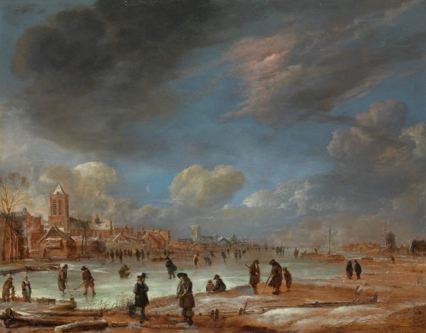 Winter Landscape near a Town with Kolf Players  by Aert Van Der Neer - Hand-Painted Oil Painting Reproduction