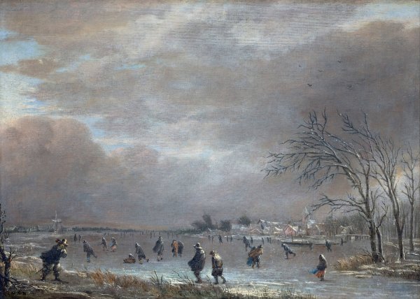 Winter Landscape with Skaters on a Frozen River by Aert Van Der Neer - Hand-Painted Oil Painting Reproduction