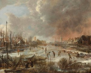 Winter landscape with sportsmen on a frozen river by Aert Van Der Neer Oil Painting