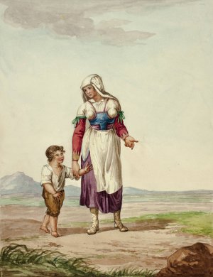 Woman in Native Costume with Boy on Road by After Bartolomeo Pinelli Oil Painting