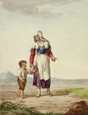 Woman in Native Costume with Boy on Road by After Bartolomeo Pinelli Oil Painting
