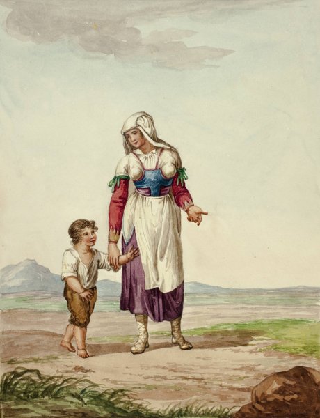 Woman in Native Costume with Boy on Road by After Bartolomeo Pinelli - Hand-Painted Oil Painting Reproduction