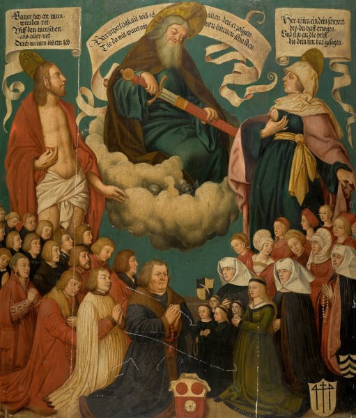 God the Father, Christ and the Virgin Mary with donors by After Hans Holbein The Elder - Hand-Painted Oil Painting Reproduction