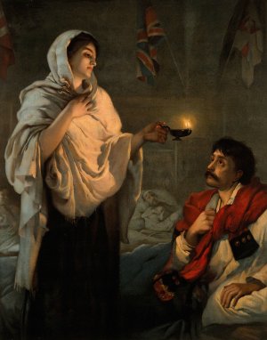 Florence Nightingale with her lamp at a patient's bedside. by After Henrietta Rae Oil Painting