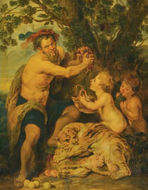 A Drinking Man With Putti And A Tiger by After Peter Paul Rubens Oil Painting