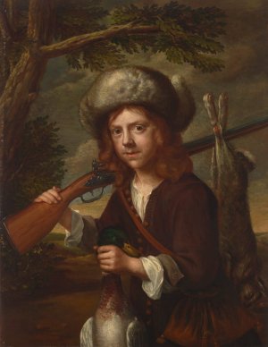 A young hunter, in a fur cap with a rifle, mallard and hare by After Wallerant Vaillant Oil Painting
