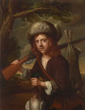 A young hunter, in a fur cap with a rifle, mallard and hare by After Wallerant Vaillant Oil Painting
