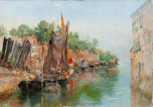 Scene from a Venetian Canal. Sketch by Agnes Borjesson Oil Painting