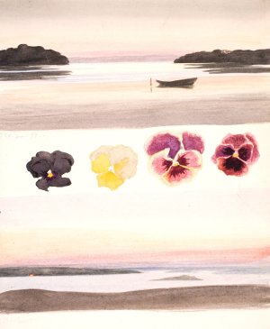 To aftenlandskaber adskilt af studier af blomster by Agnes Slott-Moller Oil Painting