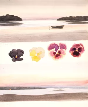 To aftenlandskaber adskilt af studier af blomster by Agnes Slott-Moller Oil Painting