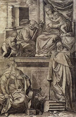 The Holy Family with Sts Anthony Abbot, Catherine and the Infant St John by Agostino Carracci - Oil Painting Reproduction