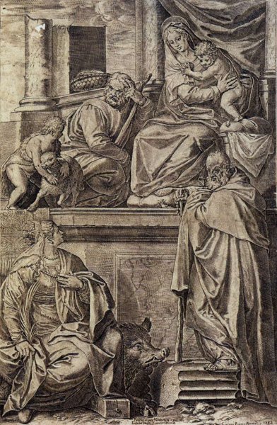 Main Product Photo of The Holy Family with Sts Anthony Abbot, Catherine and the Infant St John Painting by Agostino Carracci