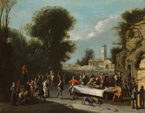 Peasants Carousing And Feasting In A Landscape With Ruins, A Church Beyond by Agostino Tassi Oil Painting