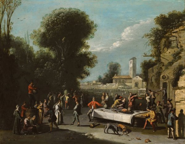 Main Product Photo of Peasants Carousing And Feasting In A Landscape With Ruins, A Church Beyond Painting by Agostino Tassi