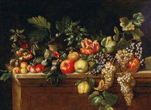 Apples, grapes, figs and pomegranates and other fruit on a ledge by Agostino Verrocchio Oil Painting