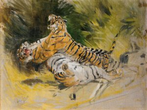 Two tigers fighting by Aime Morot Oil Painting