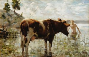 Cow And Boy, 1885 by Akseli Gallen-Kallela Oil Painting