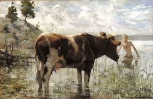 Cow and Boy by Akseli Gallen-Kallela - Oil Painting Reproduction
