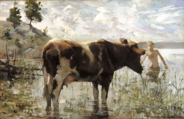 Cow and Boy by Akseli Gallen-Kallela - Hand-Painted Oil Painting Reproduction
