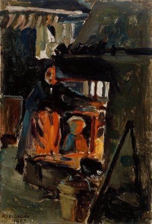 In Front Of The Stove, Inside The Living Room by Akseli Gallen-Kallela Oil Painting