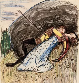Luonnoksia varikuvaan Nuorukainen ja impi lavistettyina by Akseli Gallen-Kallela Oil Painting