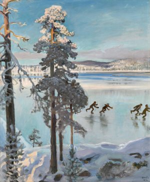 Skaters on Lake Ruovesi by Akseli Gallen-Kallela Oil Painting