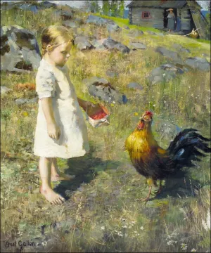 The Girl and the Rooster by Akseli Gallen-Kallela - Oil Painting Reproduction